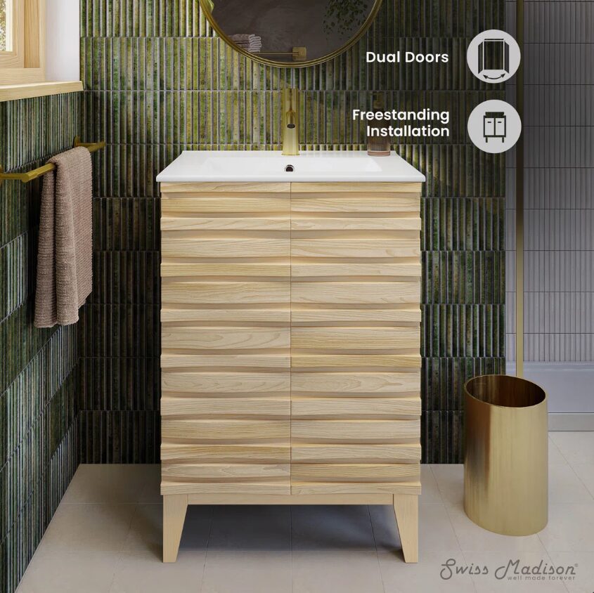 3 Handleless Slat Front Modern Light Wood Single Sink Vanity Cabinet