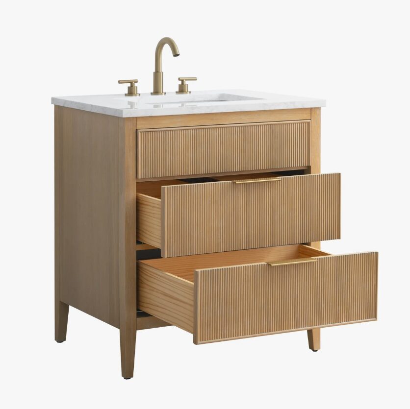 3 Coastal Fluted Oak Bathroom Vanity with Marble Top