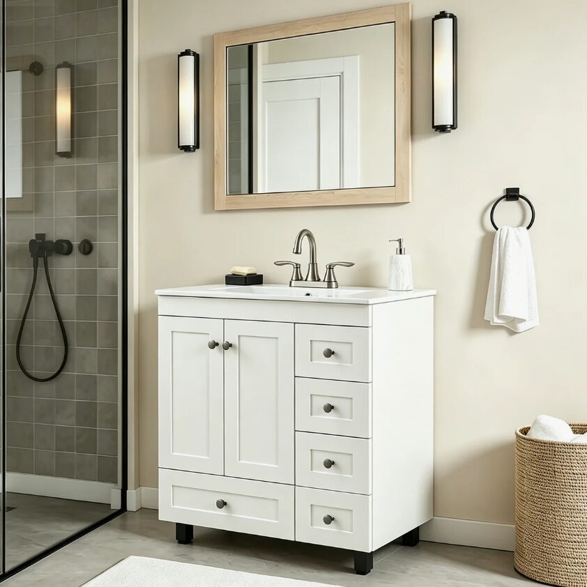 Classic White Shaker Vanity with Integrated Ceramic Sink for Bathrooms