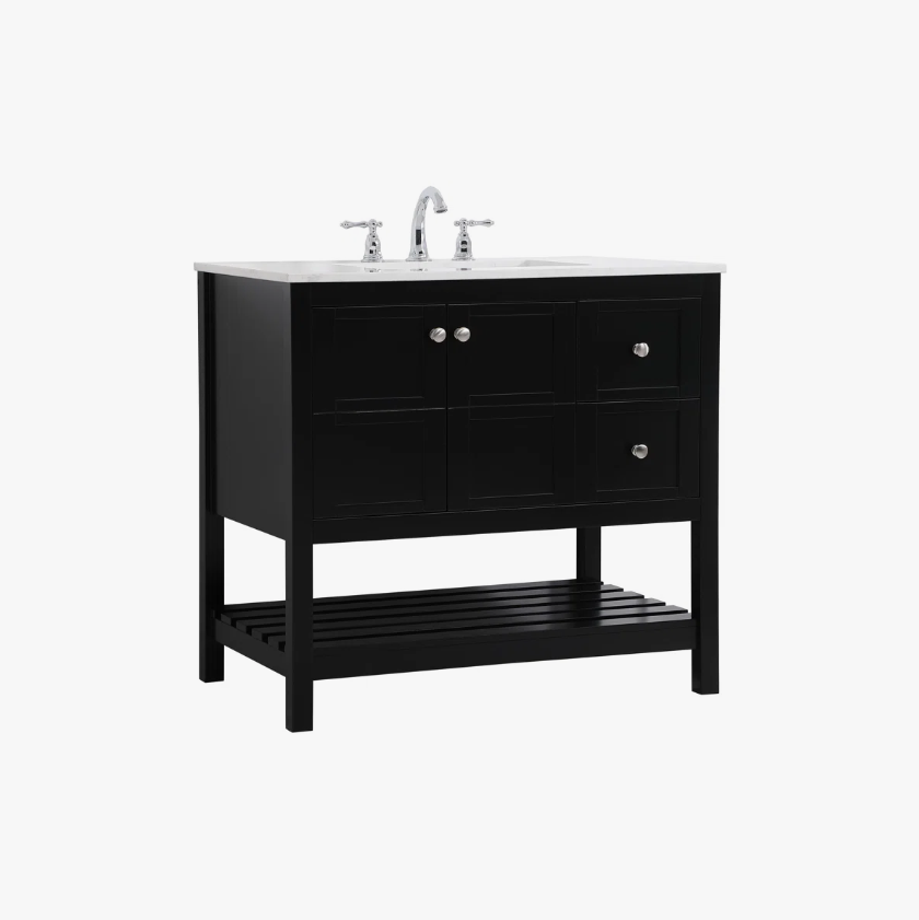 3 Farmhouse Black Shaker Single Sink Vanity Cabinet with Bottom Storage Shelf