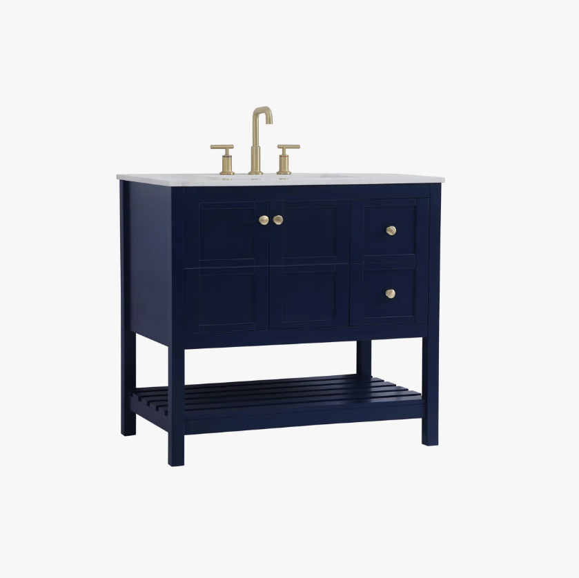 36 Inch Navy Blue Shaker Farmhouse Bathroom Vanity with Marble Top & Slatted Shelf