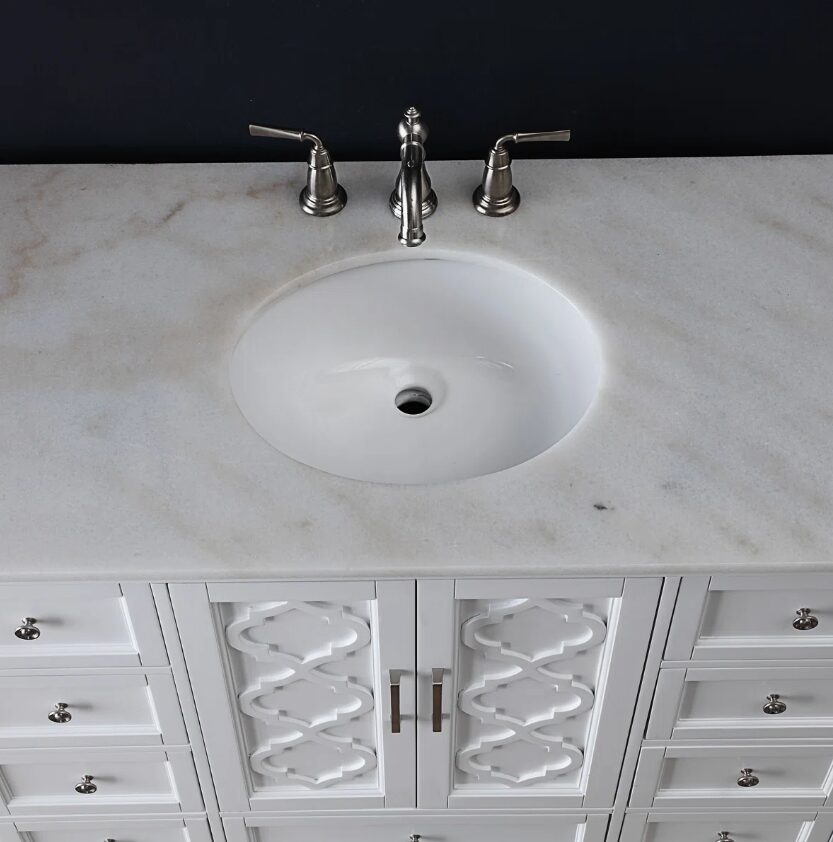 Freestanding White Single Sink Vanity with Decorative Cutout Cabinet Doors