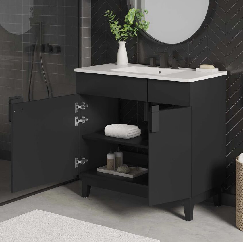 3 36 Inch Matte Black Modern Freestanding Bathroom Vanity with White Ceramic Sink & Geometric Handles