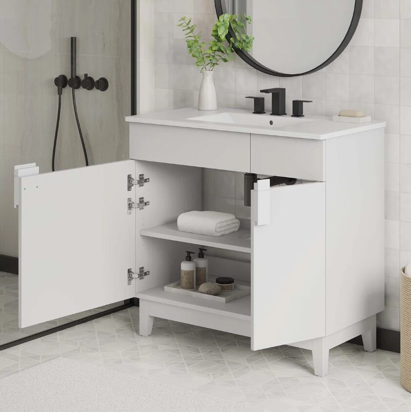 Minimalist White Single Sink Vanity Cabinet with 2 Doors & Dual Top Storage Drawers