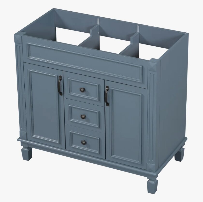 3 Farmhouse Blue Freestanding Vanity Base with Raised Panel Doors & Decorative Legs