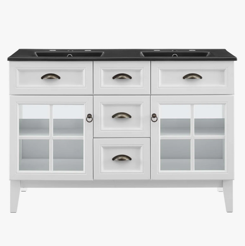 Farmhouse White Double Vanity Cabinet with Black Integrated Countertop