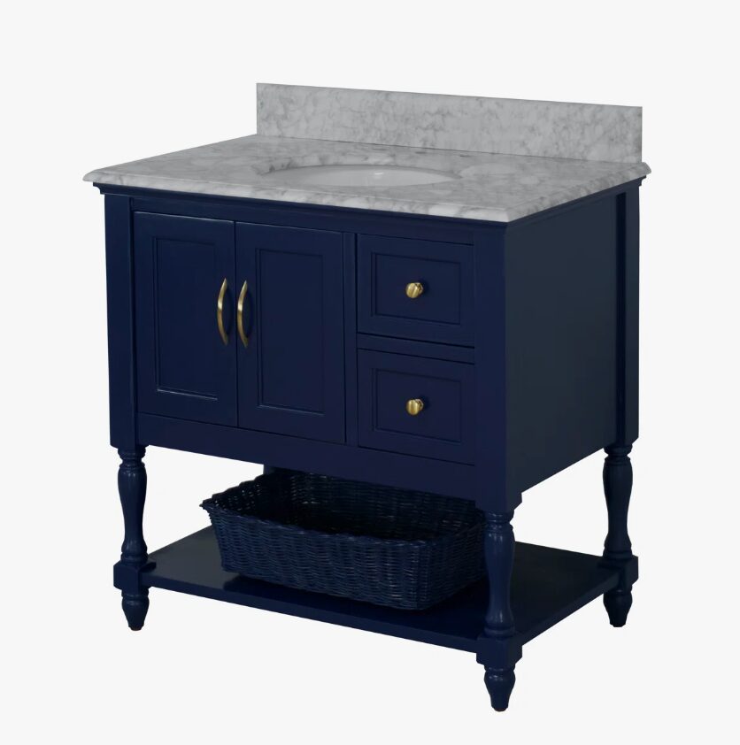 Transitional Navy Blue Freestanding Single Sink Vanity with Turned Legs & Storage Basket