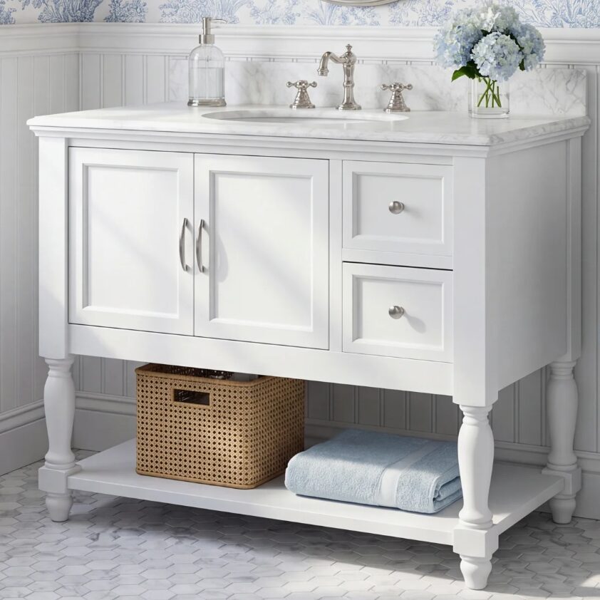 3 36" Classic White Shaker Bathroom Vanity with Natural Marble Countertop