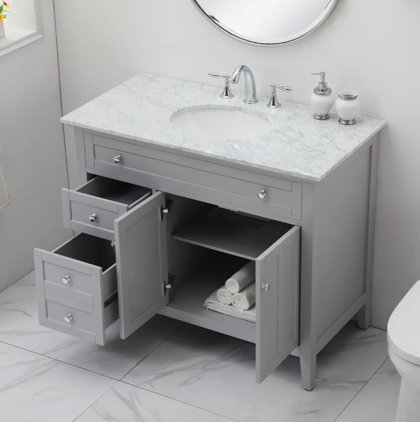 3 42" Modern Grey Wood Bathroom Vanity with Natural Marble Countertop