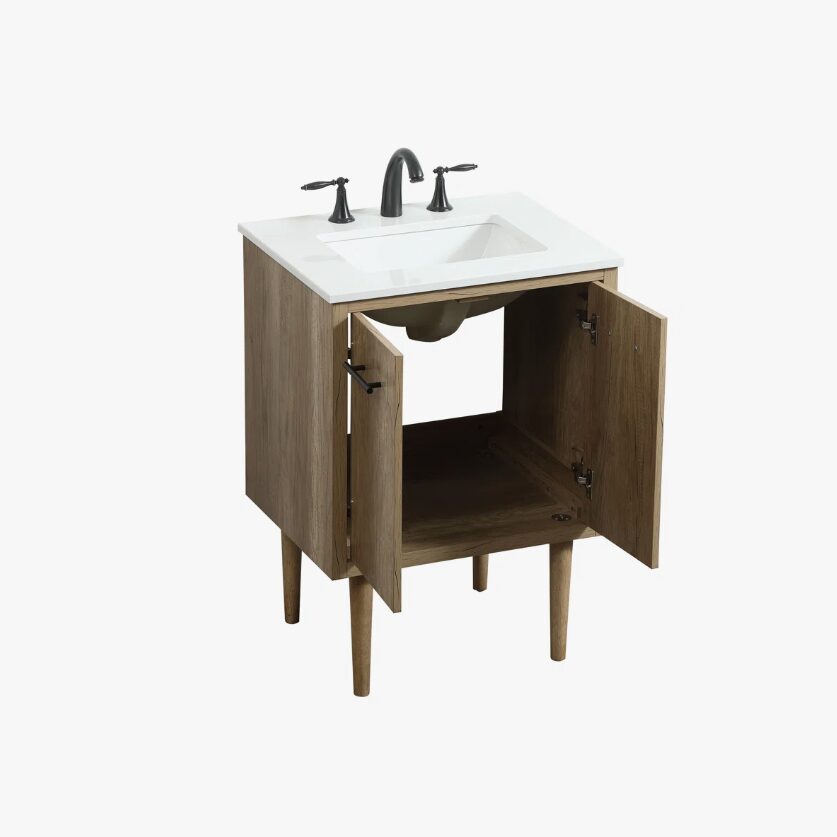 24 Inch Natural Oak Mid-Century Single Sink Bathroom Vanity with White Quartz Top
