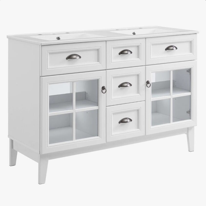3 Traditional White Double Vanity with Integrated White Solid Surface Countertop