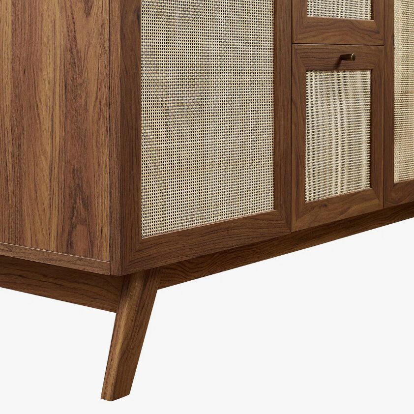 3 48 Inch Walnut Rattan Double Sink Mid-Century Bathroom Vanity with White Quartz Top