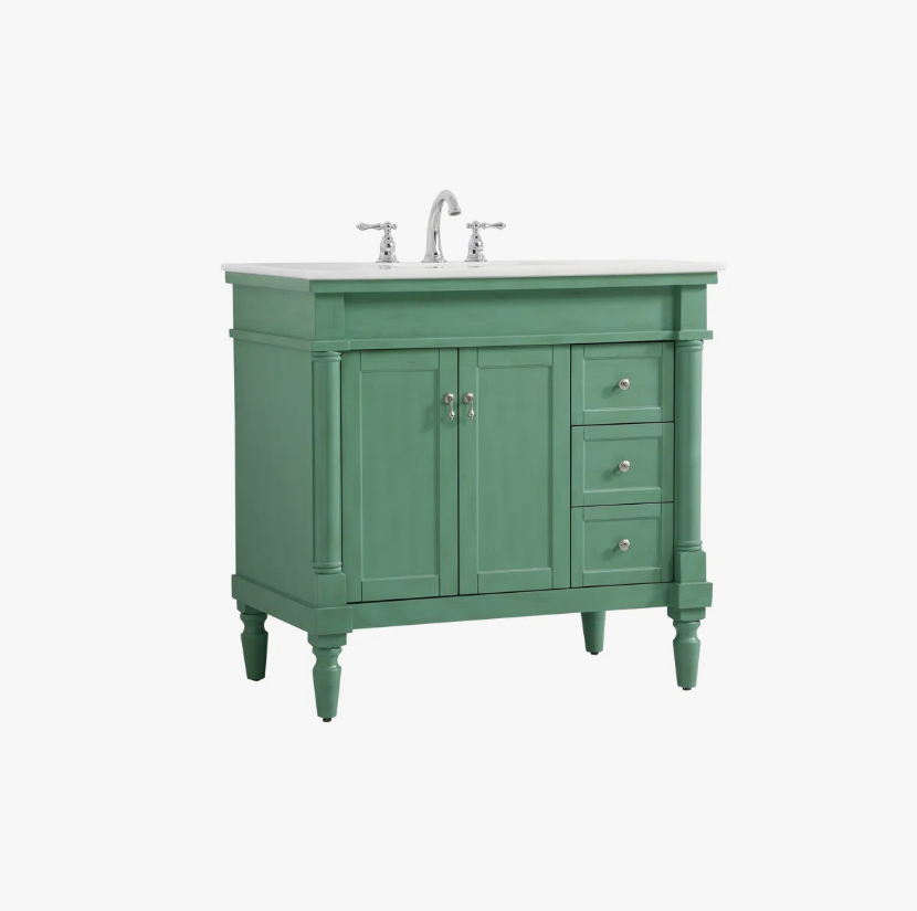 3 36 Inch Sage Green Traditional Single Sink Bathroom Vanity with White Quartz Top