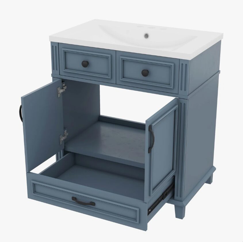 3 Modern Navy Blue Bathroom Vanity Cabinet with Soft Close Doors & Multi Drawer Storage