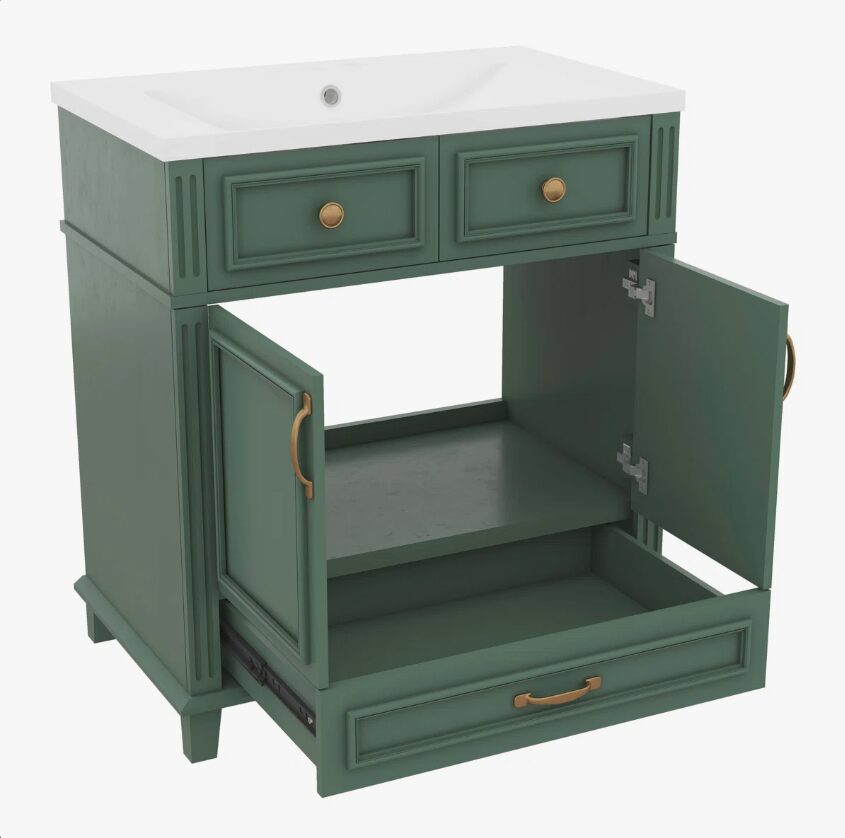 3 30" Farmhouse Sage Green Wood Vanity with Multi Storage for Small Guest Bathrooms