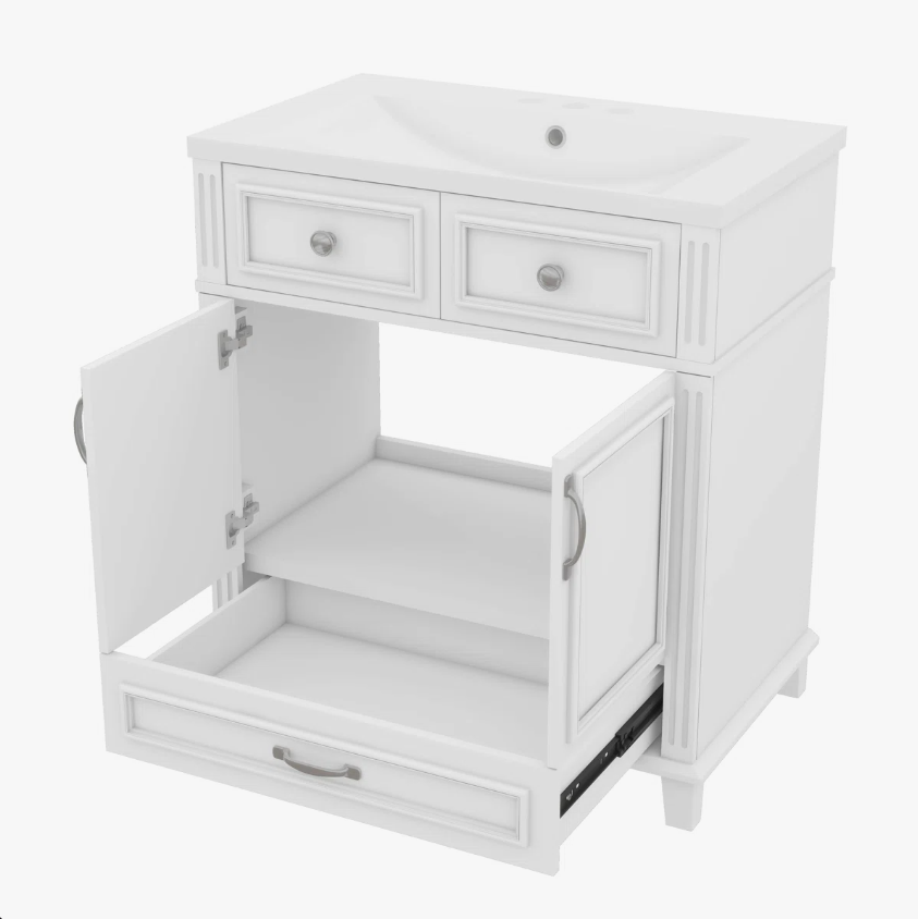 3 30 Inch White Shaker Freestanding Bathroom Vanity with Integrated Ceramic Sink & Large Storage Drawer