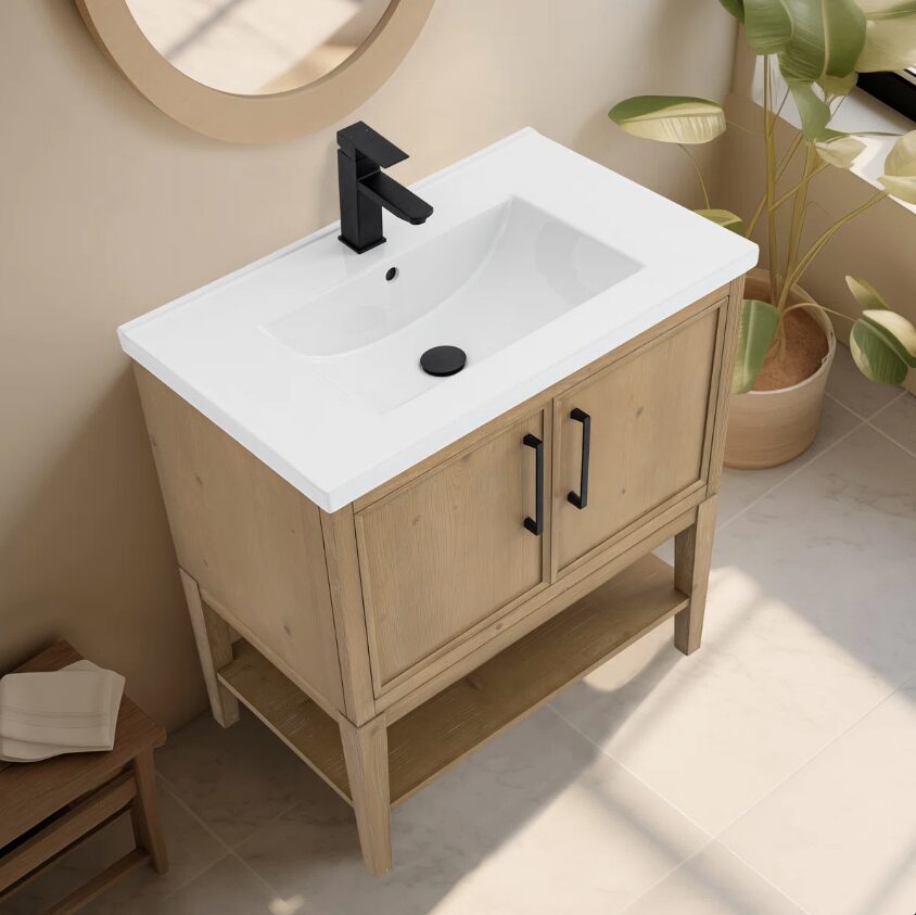 3 30 Inch Weathered Oak Freestanding Bathroom Vanity with White Integrated Sink & Open Bottom Shelf