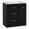 3 30" Black Vanity Cabinet with White Sink & Gold Hardware
