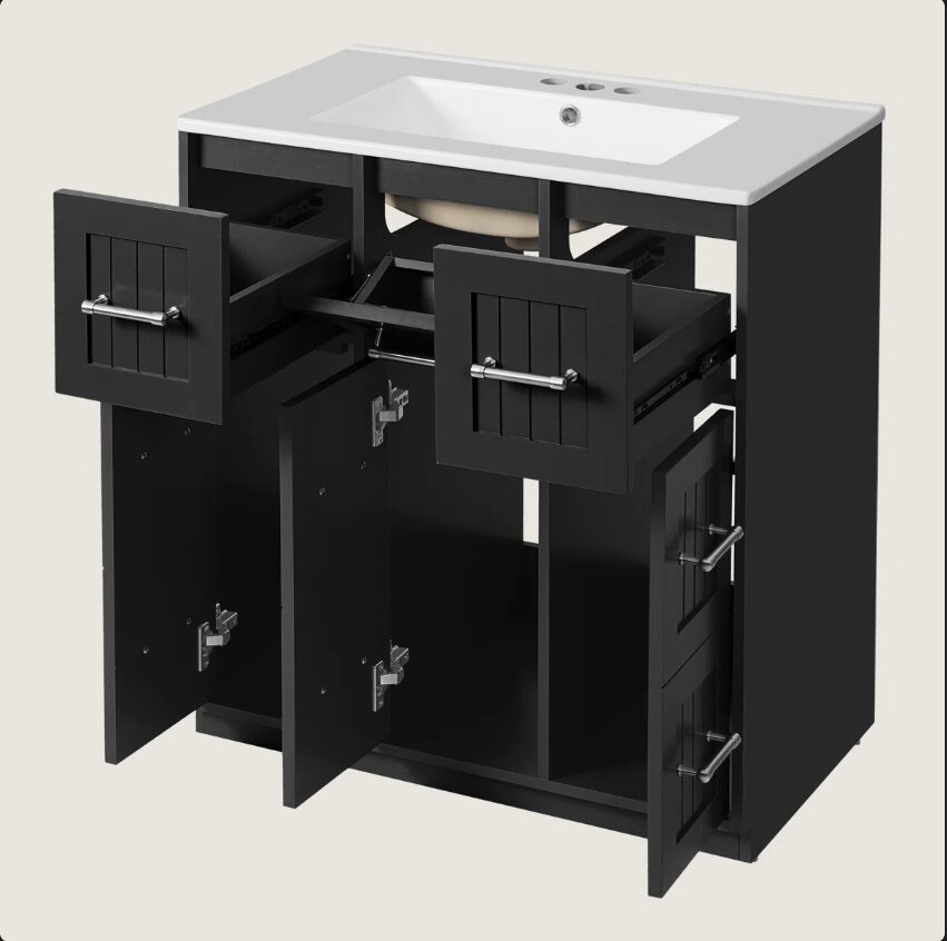 30" Black Vanity with White Sink & 9 Storage Drawers