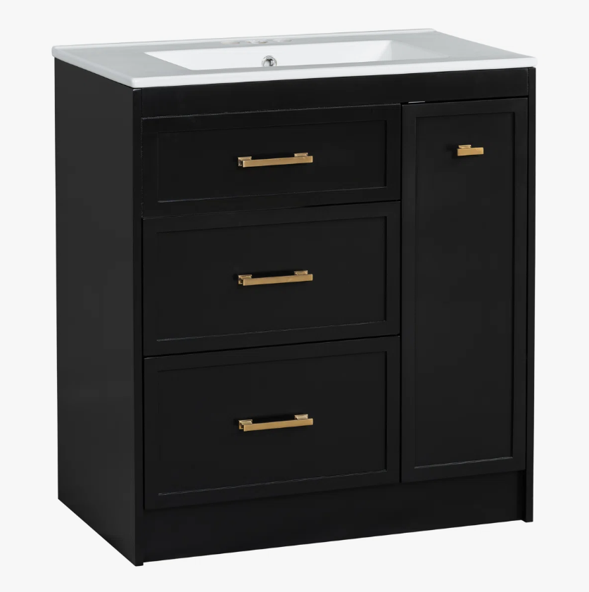 3 30" Black Vanity Cabinet with White Sink & Gold Hardware