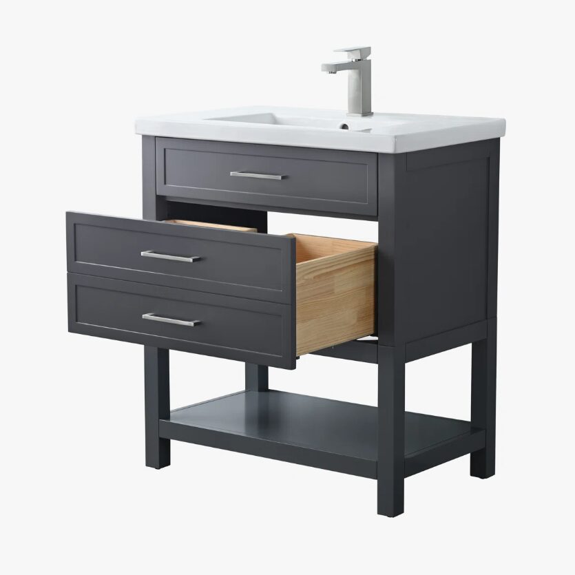 3 Minimalist Dark Grey All-in-One Bathroom Vanity Cabinet with Open Storage