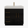 36 Inch High Gloss Black Single Sink Bathroom Vanity Solid Surface Top Soft Close Drawers Gold Hardware