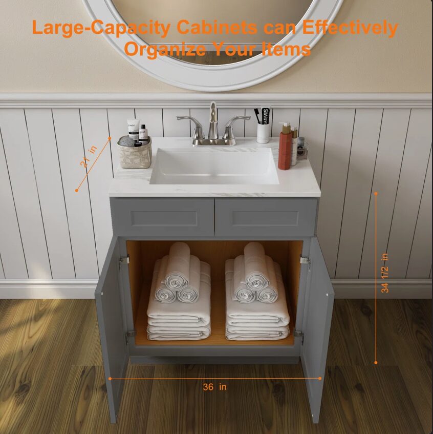 3 36" Gray Shaker Bathroom Vanity Base Cabinet