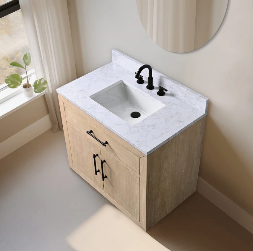 3 36 Inch Light Oak Single Sink Bathroom Vanity White Marble Countertop Soft Close Doors