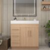 3 36 Inch Light Oak Single Sink Bathroom Vanity Integrated Solid Surface Top Soft Close Drawers & Doors