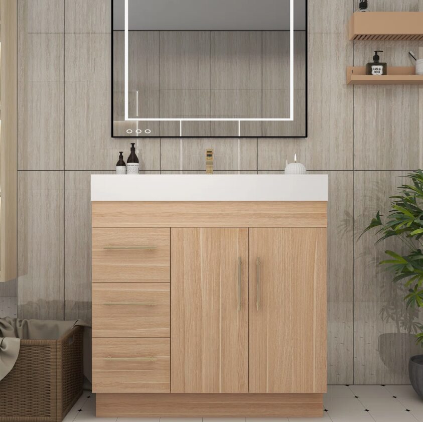 3 36 Inch Light Oak Single Sink Bathroom Vanity Integrated Solid Surface Top Soft Close Drawers & Doors