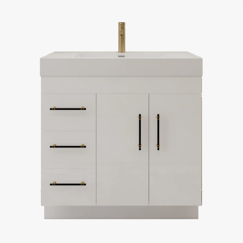 Modern Freestanding White Bathroom Vanity 3 Drawers & Double Storage Doors