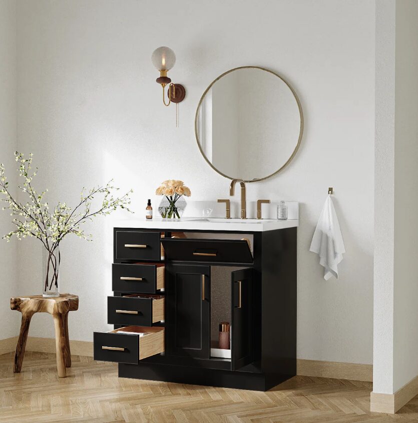 3 36 Inch Matte Black Single Sink Bathroom Vanity White Quartz Top Soft Close Drawers Brushed Gold Hardware