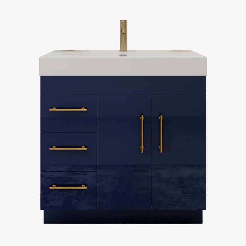 Contemporary Glossy Blue Vanity Cabinet with Brushed Gold Pulls for Modern Bathroom Renovation