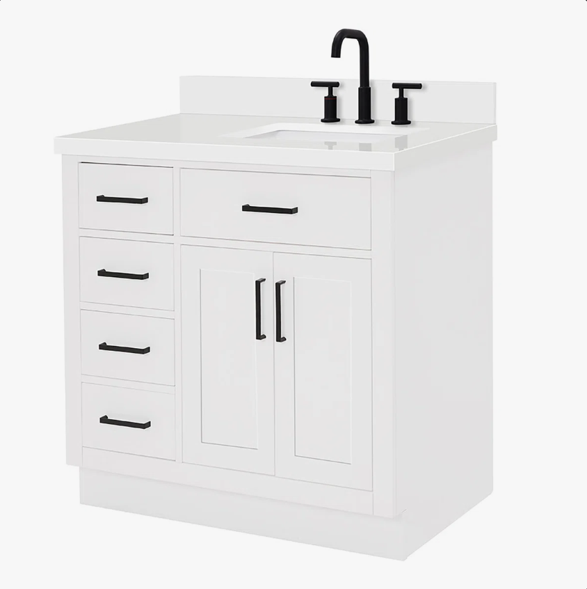 3 36 Inch White Shaker Single Sink Bathroom Vanity White Quartz Top Soft Close Drawers Matte Black Hardware
