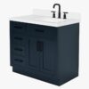 3 36 Inch Navy Blue Shaker Single Sink Bathroom Vanity White Quartz Top Soft Close Drawers Matte Black Hardware