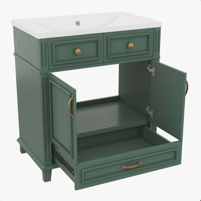30 Inch Vintage Green Recessed Panel Single Sink Bathroom Vanity with Gold Hardware, 3 Storage Drawers & Double Doors