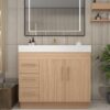 3 Wall Mount Light Wood Bathroom Vanity with Integrated White Solid Surface Sink Top