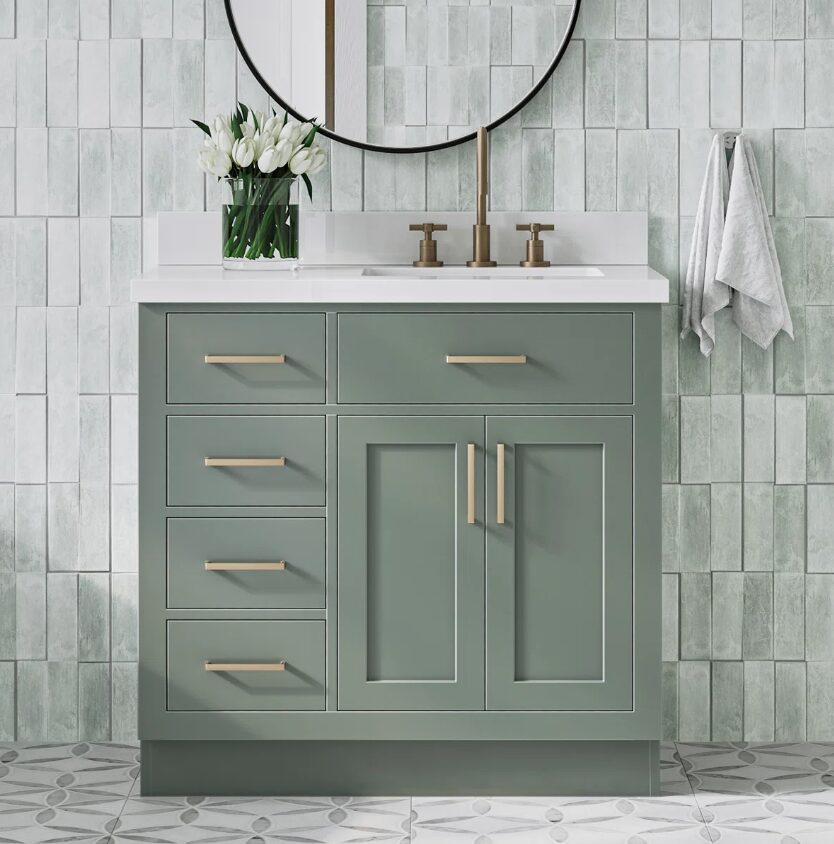 3 Modern Sage Green Shaker Vanity Cabinet with Dovetail Pine Drawers for Earthy Tone Bath Remodel