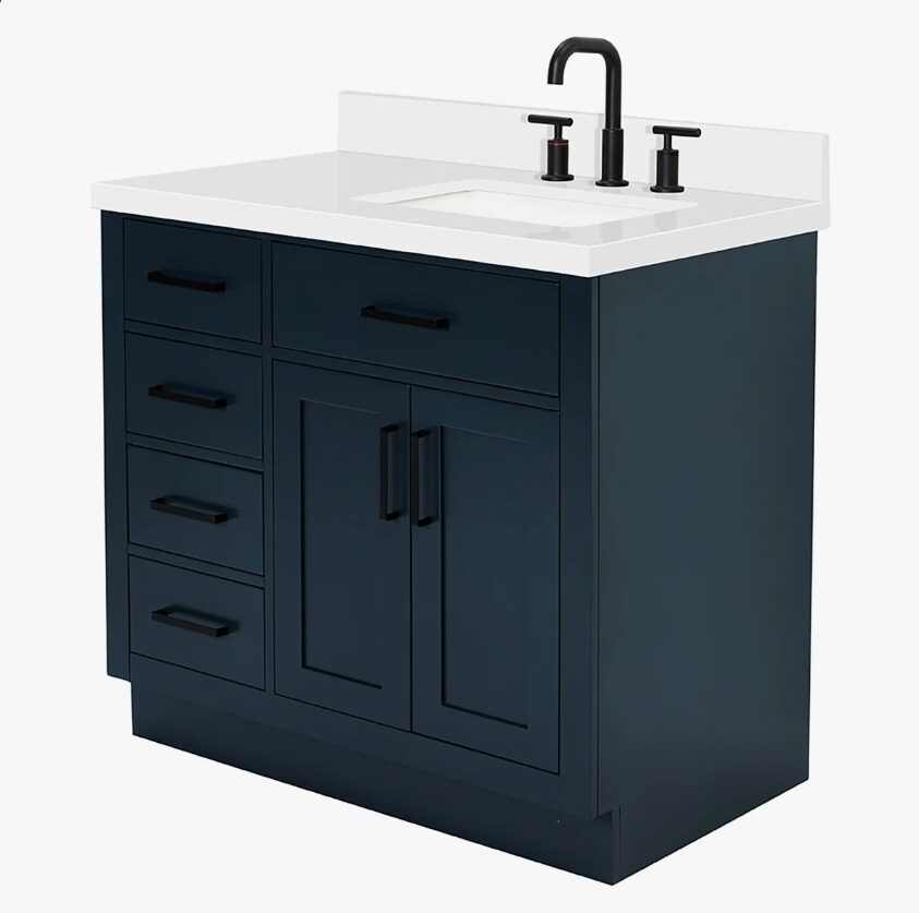3 36 Inch Navy Blue Shaker Single Sink Bathroom Vanity White Quartz Top Soft Close Drawers Matte Black Hardware
