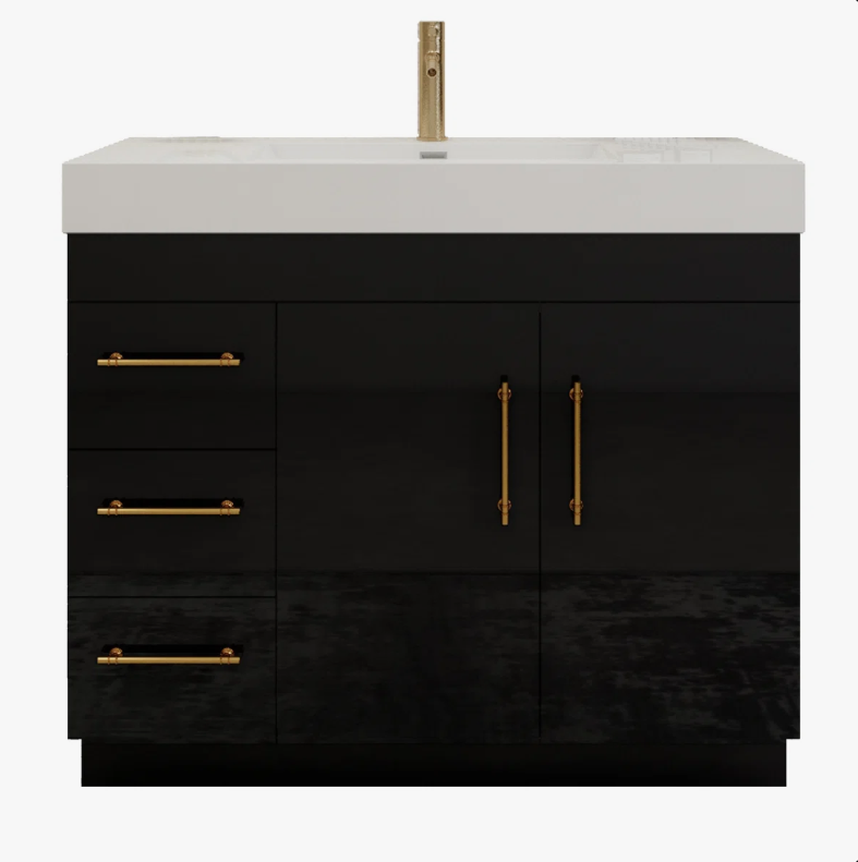Modern High Gloss Black Bathroom Vanity with Integrated White Solid Surface Sink Top