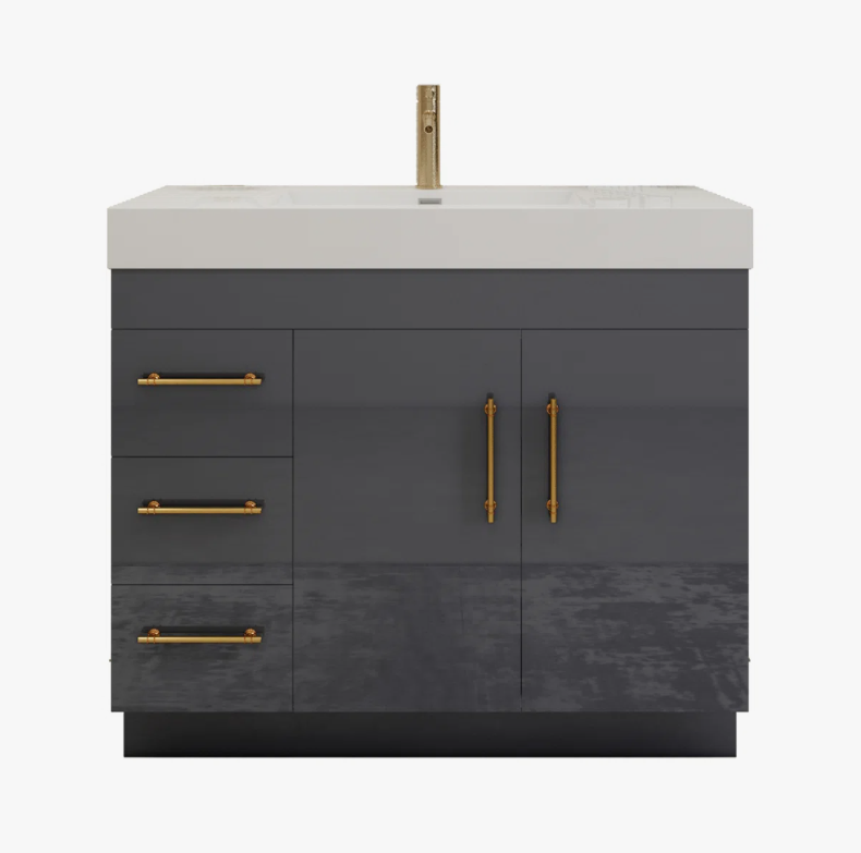 Modern High Gloss Gray Bathroom Vanity with Integrated White Solid Surface Sink Top