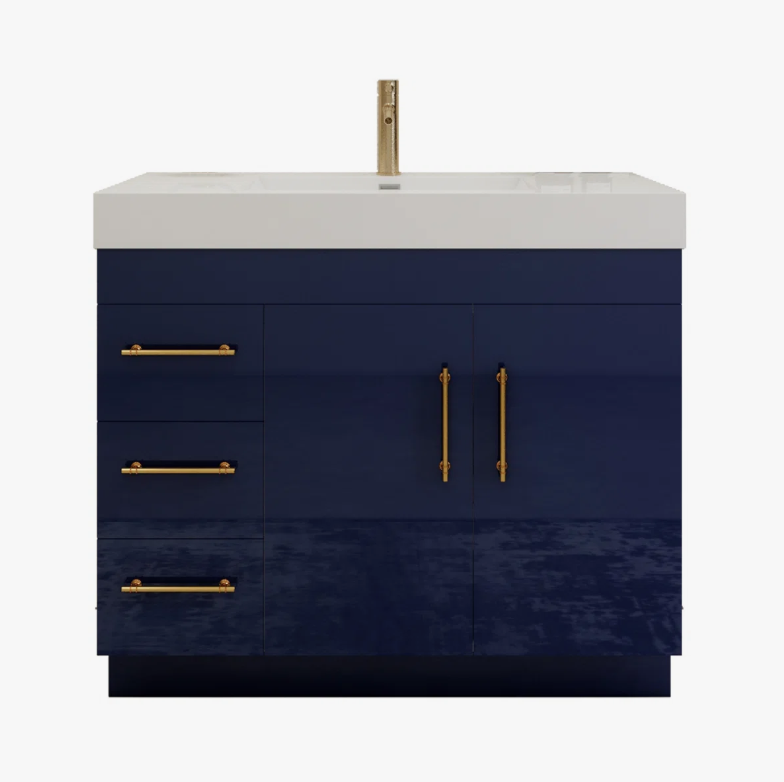 Modern Gloss Navy Bathroom Vanity Cabinet with Integrated White Solid Surface Sink Top