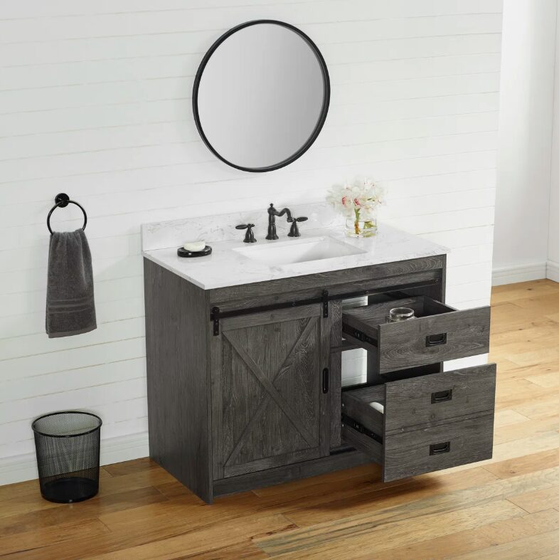 3 Farmhouse Rustic Gray Vanity with Cross Barn Door for Country & Industrial Bathroom Remodel