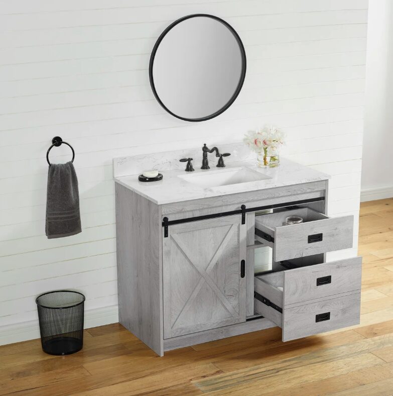 3 Light Gray Farmhouse Vanity with Cross Barn Door for Coastal, Modern Farm & Industrial Bath Remodel