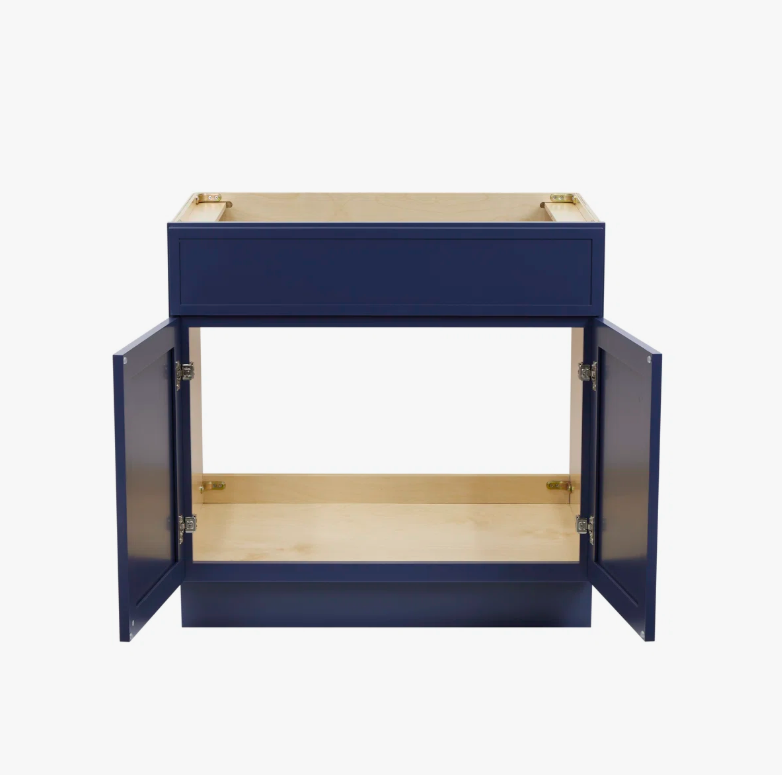 Modern Navy Shaker Vanity Base Cabinet for Custom Countertop Bathroom Remodel Projects