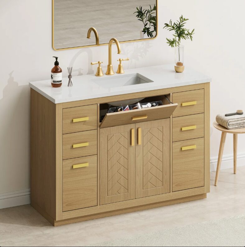 48 Inch Natural Oak Herringbone Bathroom Vanity Cabinet, 9 Storage Drawers & Soft Close Doors, Marble Countertop Undermount Sink Combo