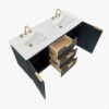 3 60 Inch Dark Navy Fluted Double Undermount Sink Bathroom Vanity, White Quartz Countertop & Brushed Gold Hardware