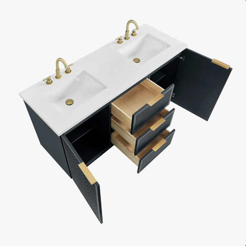 3 60 Inch Dark Navy Fluted Double Undermount Sink Bathroom Vanity, White Quartz Countertop & Brushed Gold Hardware