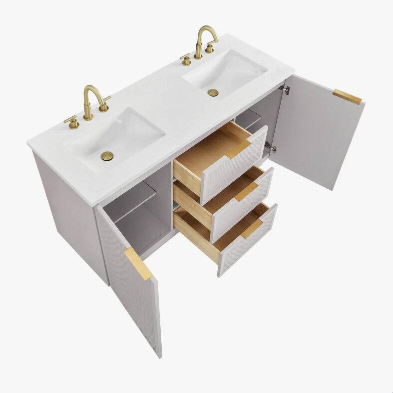 60 Inch Fluted Light Gray Double Undermount Sink Bathroom Vanity, White Quartz Countertop & Brushed Gold Hardware