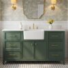 60 Inch Dark Green Farmhouse Single Farm Sink Bathroom Vanity, White Quartz Top & Brushed Gold Hardware